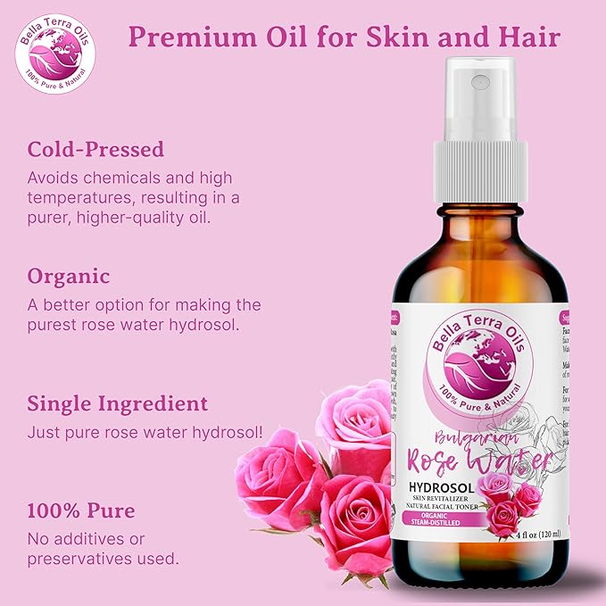 Bella Terra Oils - Rosewater Spray 8oz - Crafted from the Heart of Roses, Subtle Face and Hair Refreshment, Pure Bulgarian Rose Essence