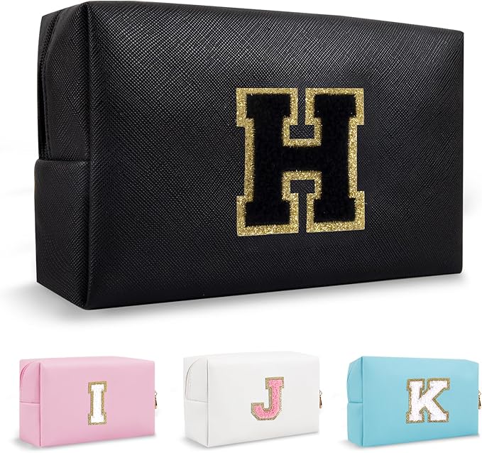 Personalized Chenille Letter Preppy Makeup Bag, Small Initial Black Travel Cosmetic Organizer Toiletry Zipper Pouch, Waterproof Monogram Makeup Storage Organizer Travel Essentials for Female(Letter H)