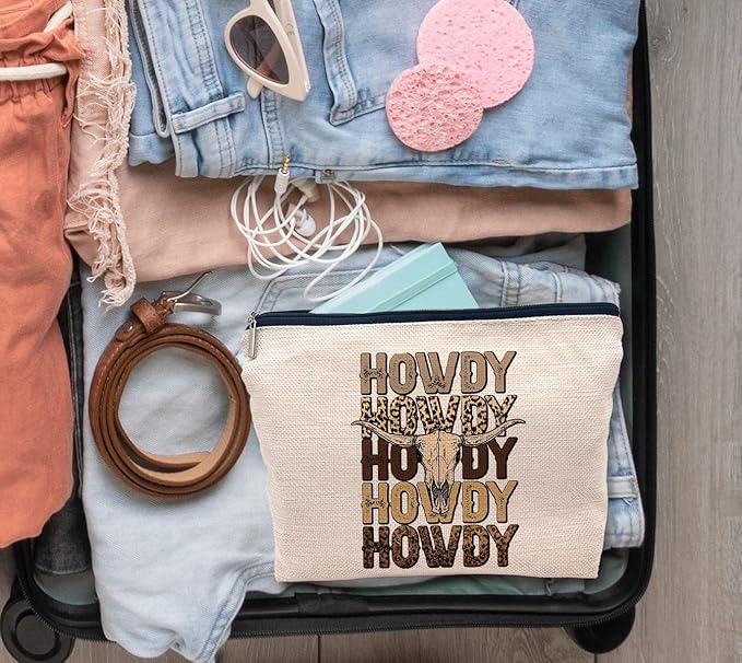 IWXYI Retro Western Leopard Cow Skull Howdy Decor Makeup Bag,Vintage Western Cowboy Howdy Women'S Make up Bag Zipper Pouch Travel Toiletry Gifts For Women Teenage Girls Girl