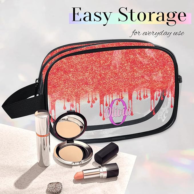 Custom Travel Clear Cosmetic Bag with Name, Personalized Large Capacity Weekend PVC Transparent Toiletry Bag Portable Bathroom Makeup Organizer, Red Curtain Glittering