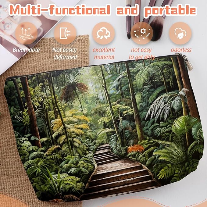 Makeup Bag Travel Cosmetic Bags Small Makeup Case Waterproof Zipper Pouch for Women Girls 7X9inches - Tropical Rainforest Walkway Surrounded By Foliage