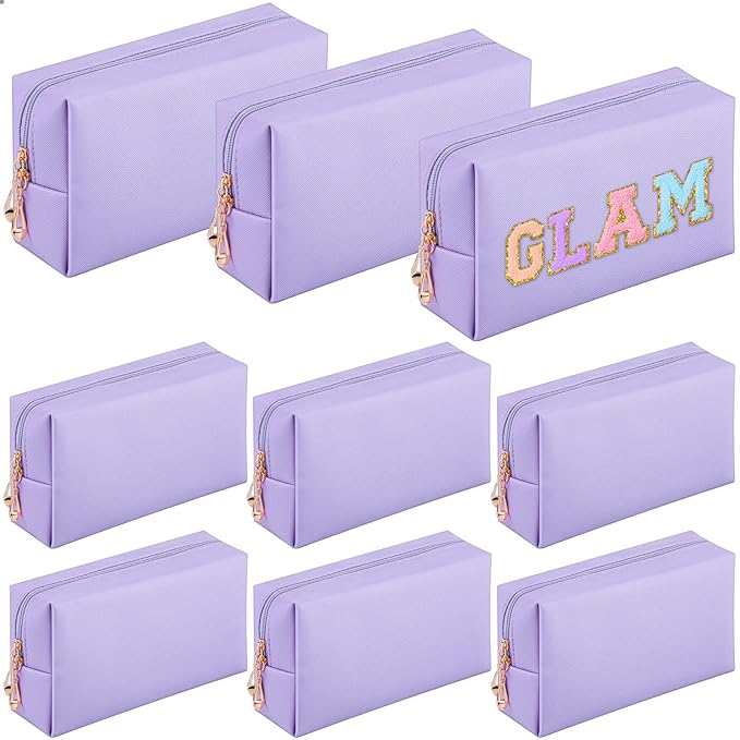 Sanwuta 9 Pcs Makeup Bags Bulk PU Double Zippers Cosmetic Bag Makeup Toiletry Christmas Small Pouch Portable Travel Organizers Case for Women Bridesmaid Party End of The Year(Purple)