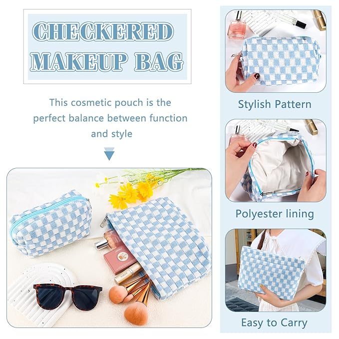 ZLFSRQ 2Pcs Checkered Makeup Bag for Women Large Small Checkered Cosmetic Bag Set Aesthetic Preppy Pencil Case Cute Pencil Pouch Blue Makeup Pouch for Purse Travel Toiletry Bags Zipper Skincare Bags