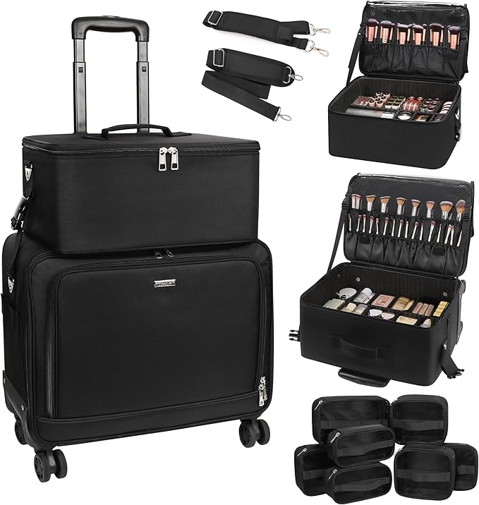 TANTO Rolling Makeup Bag, Makeup Case on Wheels Professional Makeup Artist Bags 2 in 1 Cosmetics Organizer Extra Large Cosmetology Case with 360° Swivel Wheels and Adjustable Dividers