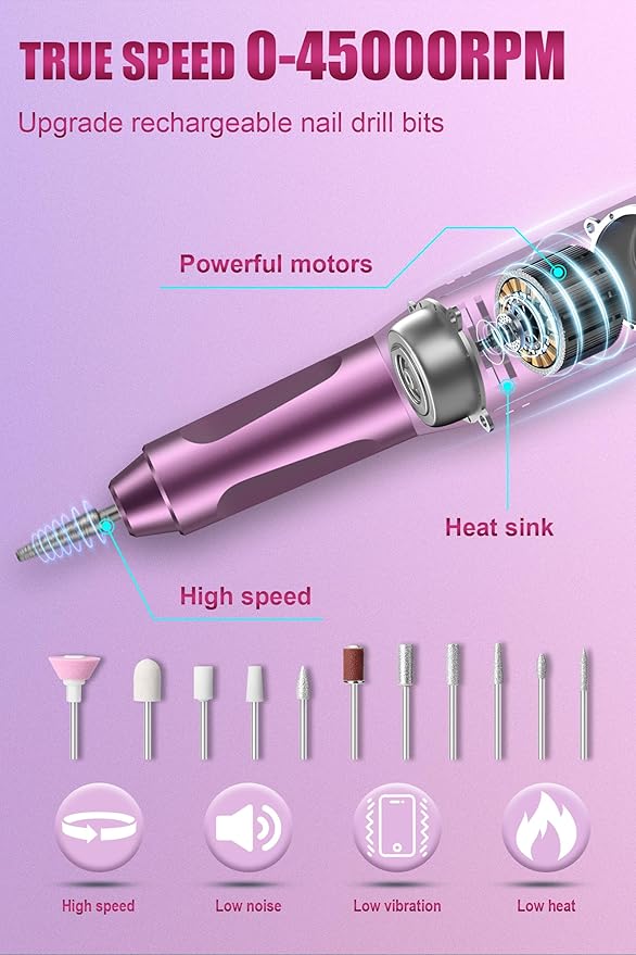 Electric Nail Drill Professional, 45000RPM Cordless Electric Nail File for Acrylic Gel Nails, Manicure Pedicure Polishing Shape Tools for Home Salon with 11pcs Drill Kits, Pink
