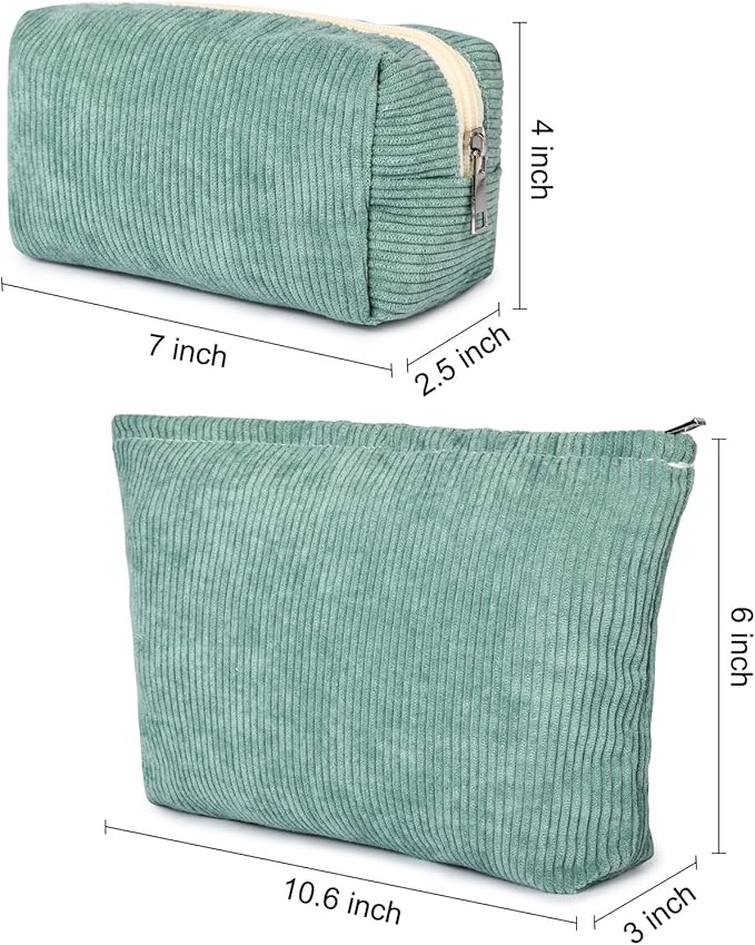 SOIDRAM 2 Pieces Makeup Bag Large Corduroy Cosmetic Bag Capacity Canvas Mix Travel Toiletry Bag Organizer Cute Makeup Brushes Aesthetic Accessories Storage Bag for Women, Corduroy Mix Green