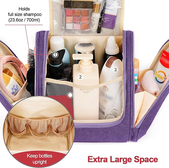 Hanging Travel Toiletry Bag for Women and Men, 6 Organizer Compartments, Large Toiletries essentials, Bathroom Cosmetic Accessories, Water-resistant Makeup Bag, Holds Full-Size Shampoo, Purple