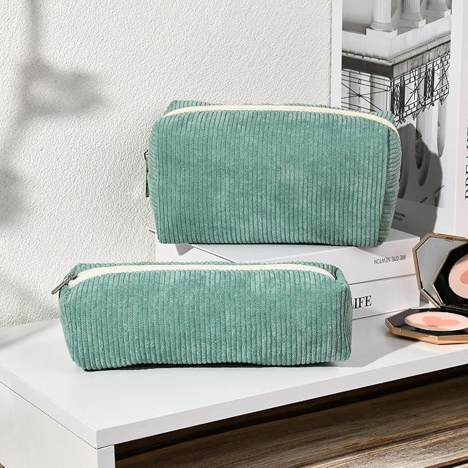 SOIDRAM Makeup Bag Corduroy Cosmetic Bag Cute Green Makeup Pouch 1Pcs Large Capacity Makeup Bags and 1Pcs Makeup Brushes Storage Bag Travel Toiletry Bag Organizer