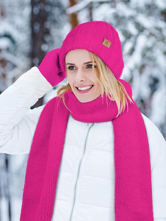 Winter Beanie Hat Scarf Gloves, Warm Fleece Knit Hat Long Scarf Neck Warmer Touch Screen Winter Gloves Set Gifts for Women