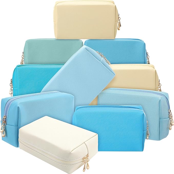Sanwuta 9 Pcs Makeup Bags Bulk PU Double Zippers Cosmetic Bag Makeup Toiletry Christmas Small Pouch Portable Travel Organizers Case for Women Bridesmaid Party End of The Year(Blue and Green Color)