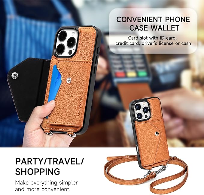 LUCKYCOIN Crossbody Wallet Phone Case for iPhone 16 Pro,100% Genuine Leather Wallet Phone Case with Expandable Flip Card Holder,Phone Purse for Women with Adjustable Removable Strap - Pebble Brown