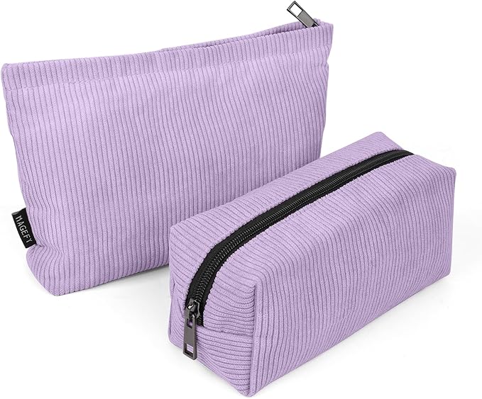 MAGEFY Small Makeup Bag 2 PCS Corduroy Make up Bag for Purse Large Capacity Travel Cosmetic Bag for Women Zipper Makeup Pouch for Travelling Preppy Stuff - Purple