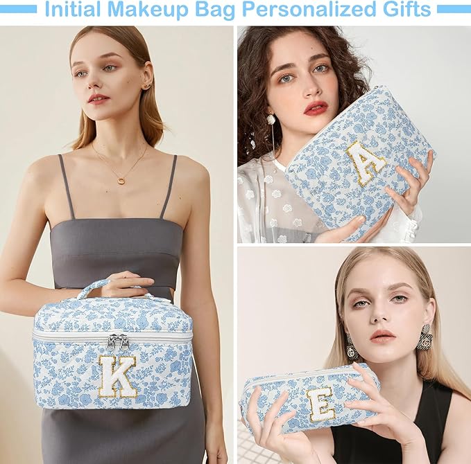 Initial Makeup Bag Set, Personalized Quilted Makeup Bag, Large Floral Cosmetic Bag for Women, Cute Cotton Custom Make up Bags, Flower Travel Toiletry Bag Teen Girl Gift Blue Flower S