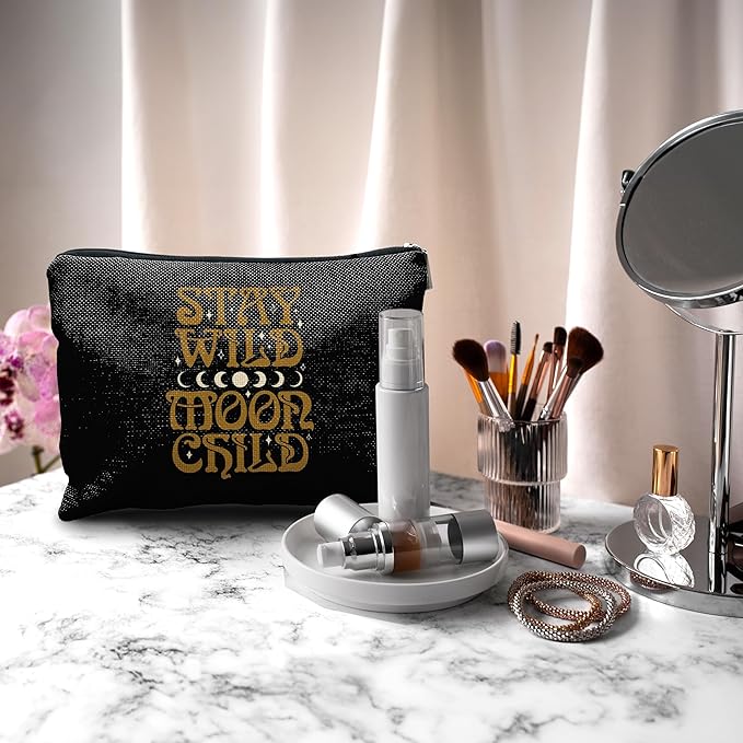 Nogrit Tarot Makeup bag,Moon Child Cosmetic Bag,Stay Wild Moon Child,Inspirational Makeup bag,Spiritual Travel Toiletry Bag,Motivational Gifts for Tarot Astrology Lovers Women