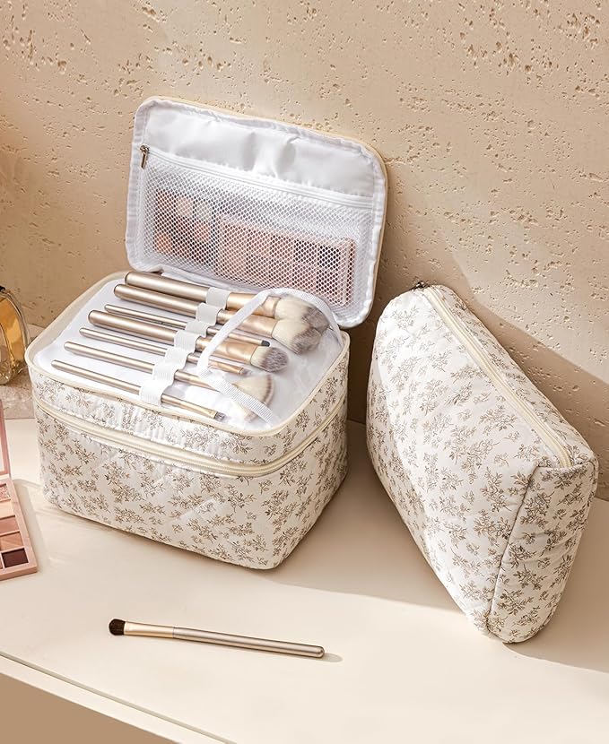 HBselect 2Pcs Travel Makeup Bag, Large Cotton Quilted Makeup Bag Cosmetic Bag Cute Make up Bag Toiletry Bags for Women Girls