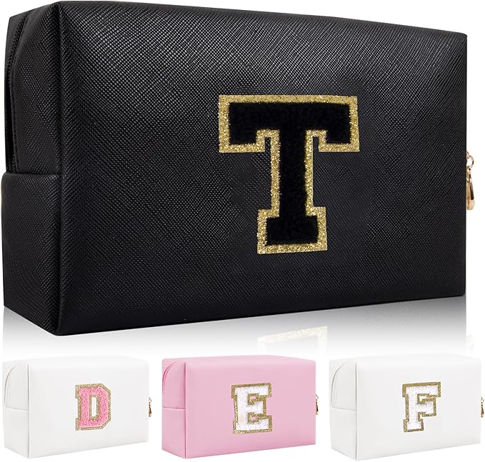 Personalized Initial Letter Patch Makeup Bag, Portable Chenille Letters Cosmetic Bag with Zipper, PU Leather Waterproof Travel Toiletry Bag Monogram Make Up Pouch for Women Girls(Letter T)