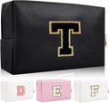 Personalized Initial Letter Patch Makeup Bag, Portable Chenille Letters Cosmetic Bag with Zipper, PU Leather Waterproof Travel Toiletry Bag Monogram Make Up Pouch for Women Girls(Letter T)