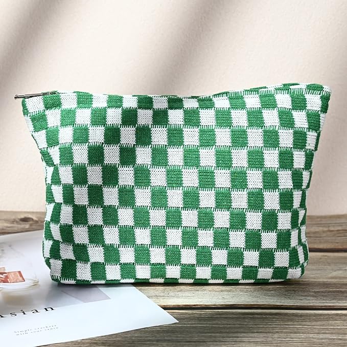 SOIDRAM 2 Pieces Makeup Bag Large Checkered Cosmetic Bag Capacity Canvas Mix Travel Toiletry Bag Organizer Cute Makeup Brushes Aesthetic Accessories Storage Bag for Women, Checkered Mix Green