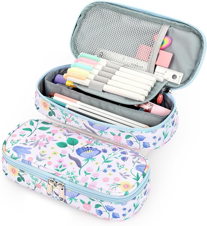 mibasies Girls Pencil Case for Kids, Multi-Slot Pencil Pouch, Floral Sky Blue