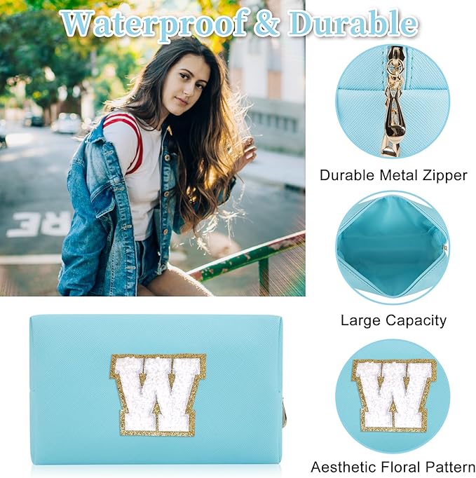 Personalized Initial Letter Patch Makeup Bag, Preppy Portable Chenille Cosmetic Bag with Zipper, PU Leather Waterproof Travel Toiletry Bag Monogram Make Up Pouch for Women Girls