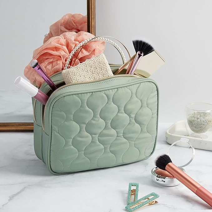 Conair Double-Zip Toiletry Travel Bag, Travel Makeup Bag Organizer, 2 Zippered Compartments, Easy to Clean, 1 Count, Sage Green