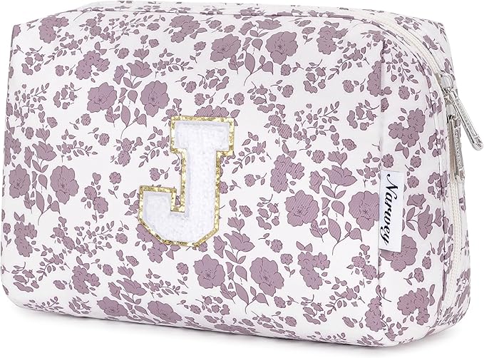 Narwey Birthday Gifts for Teen Girls Kids Women Personalized Initial Floral Makeup Bag Cute Cosmetic Trendy Stuff 6 8 10 11 12 13 14 16 18 Years Old Travel Toiletry Bag (Little Dusty Pink Flower J)