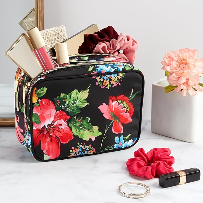 Conair Travel Double Zip Organizer - Toiletry Bag - Makeup Bag - Travel Makeup Bag - Makeup Organizer - Black Floral Print
