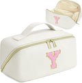 for Christmas Day Gifts, Makeup Bag for Women, PU Leather Travel Toiletry Bags, Initial Make Up Cosmetic Pouch for Teen Girls, Wide Open Portable Skincare Bag, Personalized Birthday Gifts, White Y