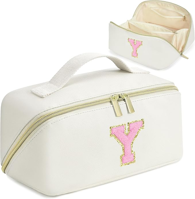 for Christmas Day Gifts, Makeup Bag for Women, PU Leather Travel Toiletry Bags, Initial Make Up Cosmetic Pouch for Teen Girls, Wide Open Portable Skincare Bag, Personalized Birthday Gifts, White Y