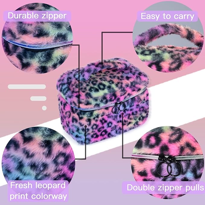 Plush Travel Makeup Bag Toiletry bag for Women Soft Fluffy Cosmetic Bag Portable Foldable (Rainbow Leopard)
