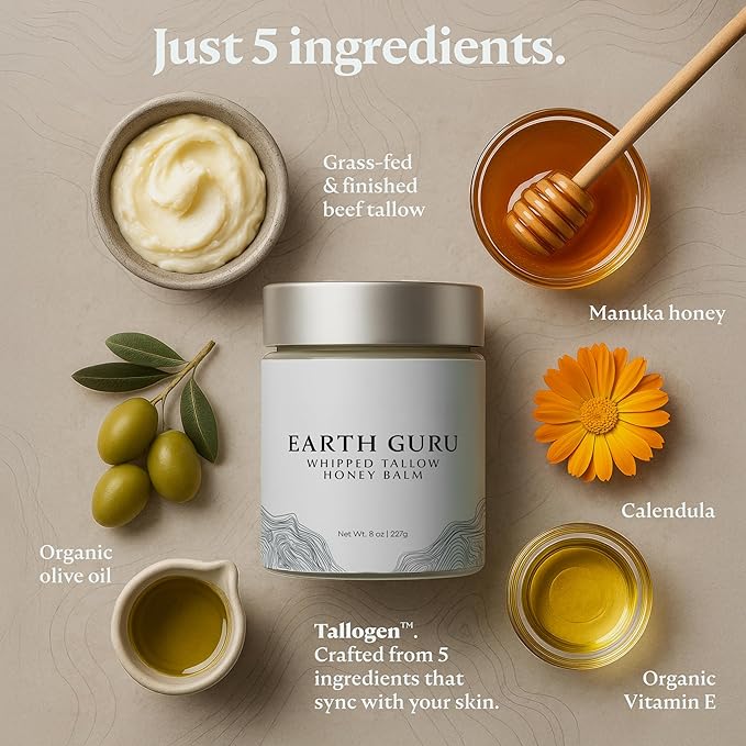 Earth Guru XL 8 OZ Whipped Beef Tallow for Skin,100% Natural Beef Tallow and Honey Balm, Face Moisturizer & Body Lotion Cream, Grass-Fed & Finished, Sebo De Res Para La Cara, Organic Olive Oil, Manuka