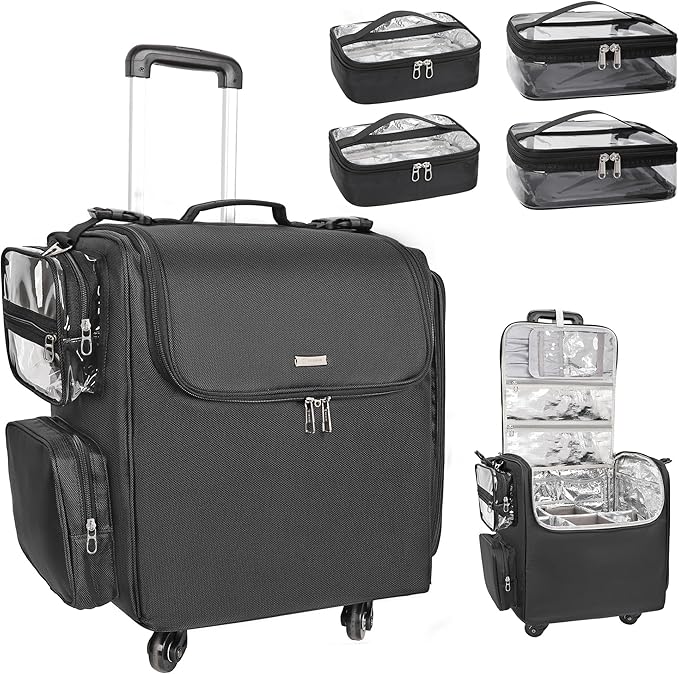 Relavel Rolling Makeup Train Case with 4 Pcs Clear Makeup Bags, Hairstylist Traveling Bag with 4 Wheels, Heat Insulation Full Layer, Adjustable Dividers, Hair Tools and Cosmetics Storage Organizer