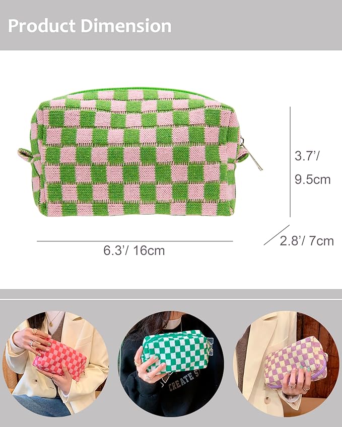 PAZIMIIK 2PCS Checkered Makeup Bag for Purse Portable Zipper Make Up Pouch Small Cosmetic Case for Travel Accessories Pink Green