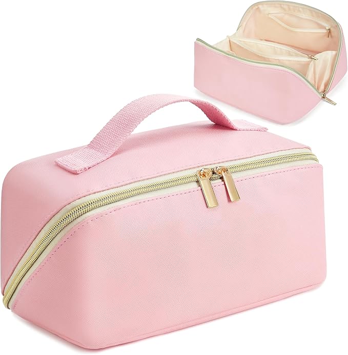for Christmas Day Gifts, Makeup Bag for Women, PU Leather Travel Toiletry Bags, Initial Make Up Cosmetic Pouch for Teen Girls, Wide Open Portable Skincare Bag, Personalized Birthday Gifts, Pink