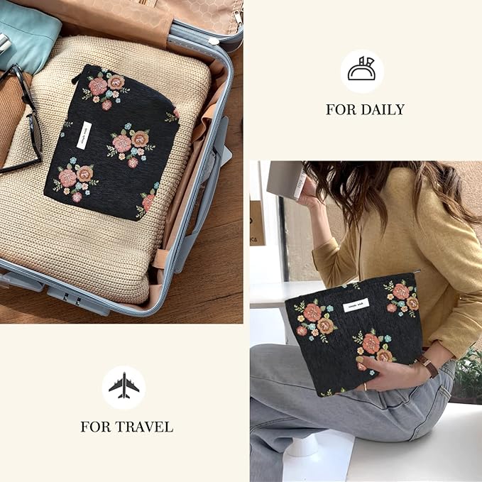 STARDW Aesthetic Floral Makeup Bag Cute Small Cosmetic Bags for Women Girls, Travel Toiletry Bag Large Capacity Zipper Makeup Pouch, Purse Organizer Pouches (Vintage Flowers)