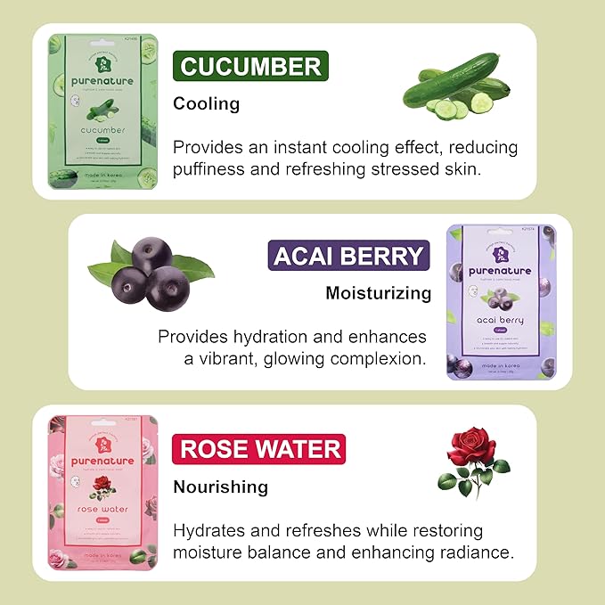 PB&Jay Purenature Hydrate and Calm Facial Mask - 12 Pack Acai Berry,Vita c,retinol and more, Made in Korea, Face Mask Skincare for Hydration, Skincare Face Mask, Moisturizing Mask for Sensitive Skin