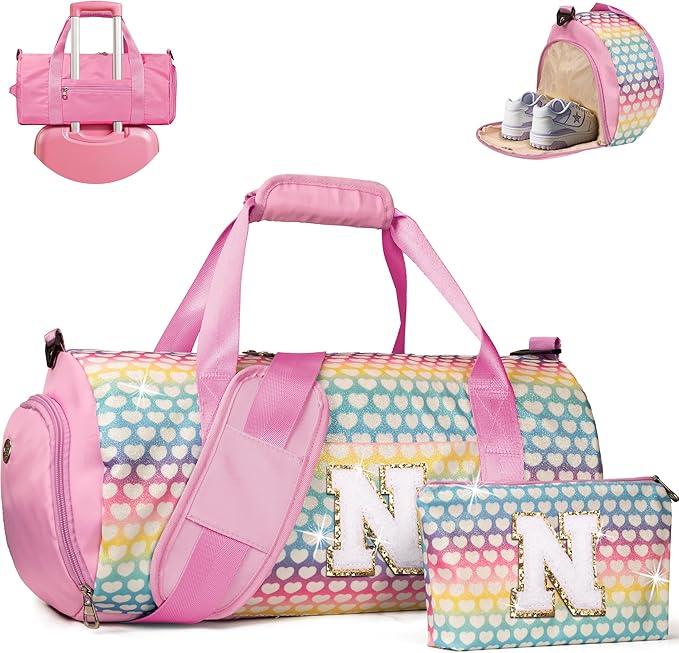 Teenager Cheer Gifts, Girls Travel Duffel Bag, Kids Initial Overnight Bags with Shoe Compartment, Personalized Weekender Bag with Makeup Pouch, 10 Year Old Birthday Gift (Letter N)