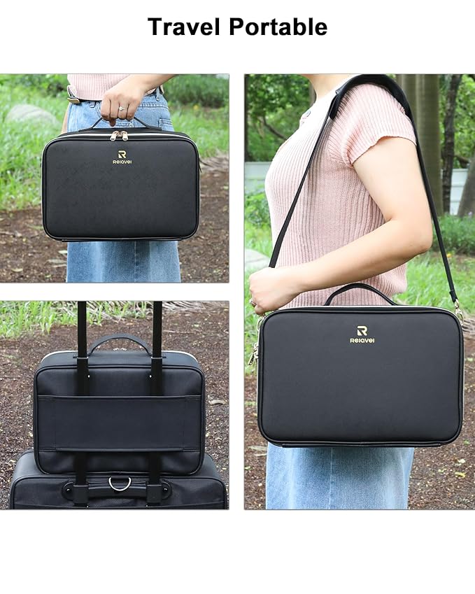 Relavel Makeup Train Case With LED Mirror, Professional Travel Cosmetic Bag with Removable Partitions, Compact Makeup Organizer with Separate Brush Board, Waterproof Travel Case for Women, Black