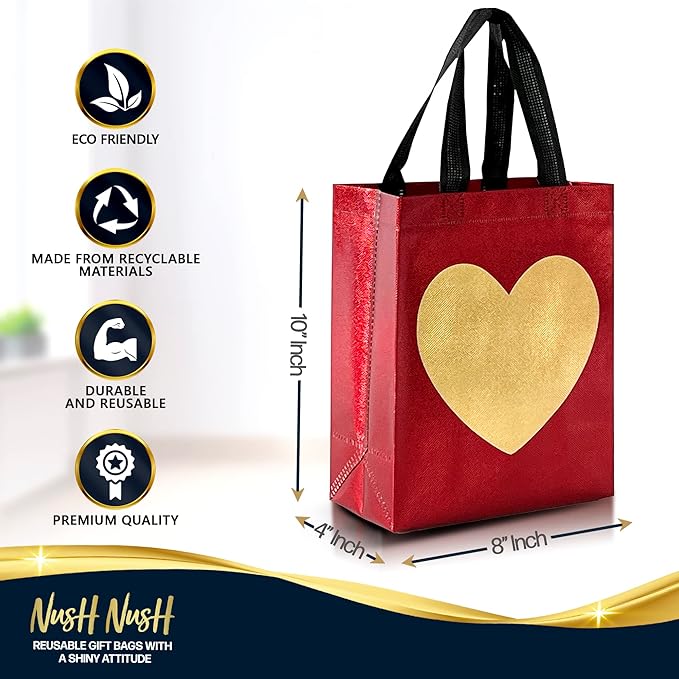 Nush Nush Gold Heart in Red Gift Bags Medium Size - Set of 12 Reusable Heart Gift Bag with Handles - Ideal Goodie Bag for Anniversary, Engagement, Wedding, Birthday, Valentines Day - 8x4x10