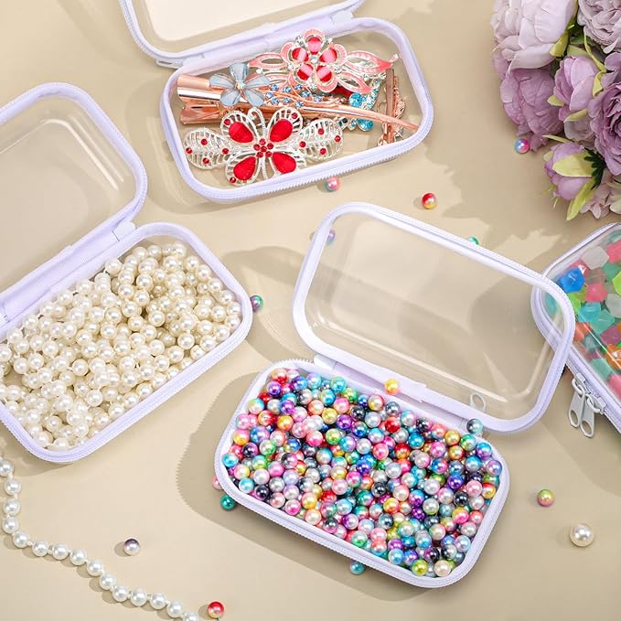 Hoolerry 3 Pcs Clear Hard Zipper Case Plastic Pouch Transparent Hard Case Clear Makeup Bag Portable Travel Organizer Bin for Cosmetics, Building Blocks, Puzzles(White,Xs)