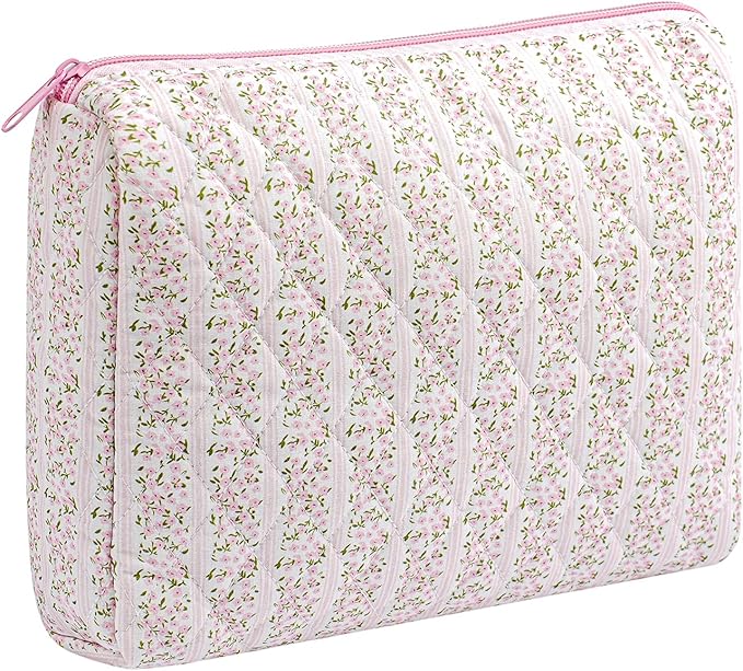 Makeup Bag Travel Cosmetic Bag for Women Girls, Zipper Make Up Pouch, Floral Flowers Toiletry Organizer Makeup, Portable Storage Cosmetic Travel Cloth Bag (L/Pink Floral)