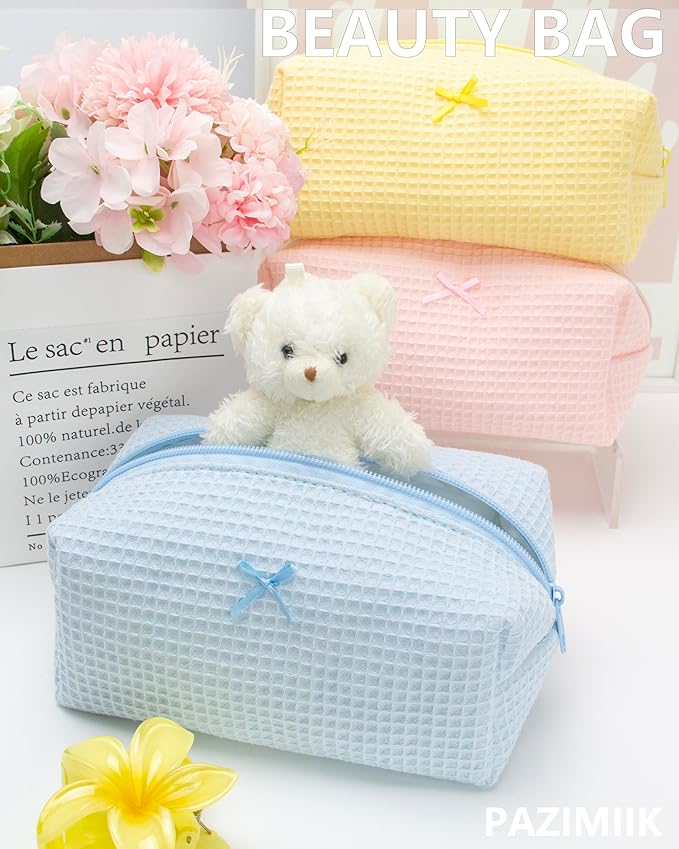 PAZIMIIK 2PCS Cozy Makeup Bag Travel Cosmetic Bag for Women Soft Toiletry Bag Aesthetic Makeup Organizer Portable Large Zipper Pouch for Skincare Beauty Accessories Brushes Waffle Check Blue