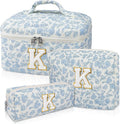 Initial Makeup Bag Set, Personalized Quilted Makeup Bag, Large Floral Cosmetic Bag for Women, Cute Cotton Custom Make up Bags, Flower Travel Toiletry Bag Teen Girl Gift Blue Flower K