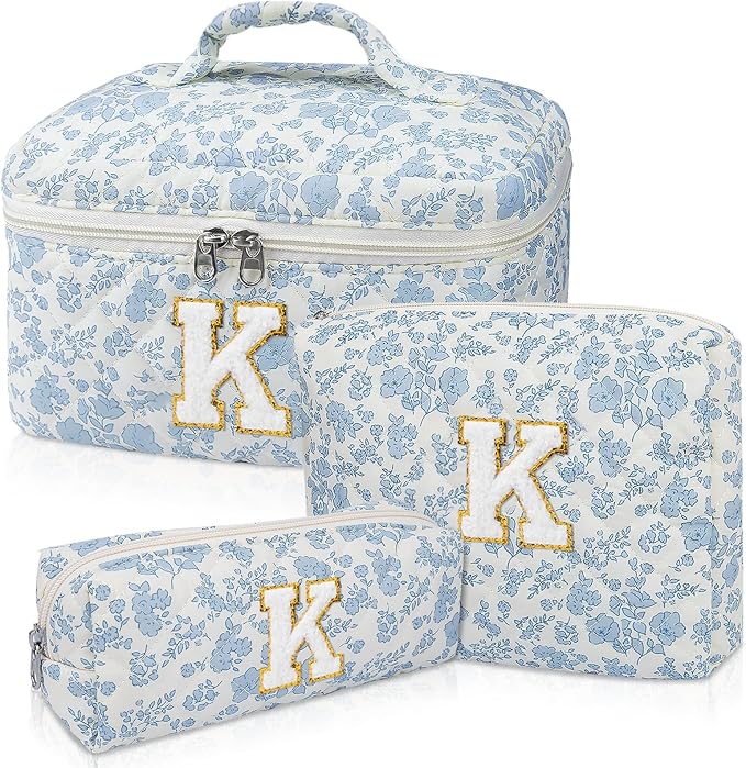 Initial Makeup Bag Set, Personalized Quilted Makeup Bag, Large Floral Cosmetic Bag for Women, Cute Cotton Custom Make up Bags, Flower Travel Toiletry Bag Teen Girl Gift Blue Flower K