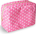 Nylon Large Makeup Bag Travel Cosmetic Bag Pouch, Big Preppy Makeup Bag Cute Cosmetic Zipper Pouch Purse, Waterproof Toiletry Bag Clutch Makeup Organizer Travel Essentials for Women Girls(Pink Heart)