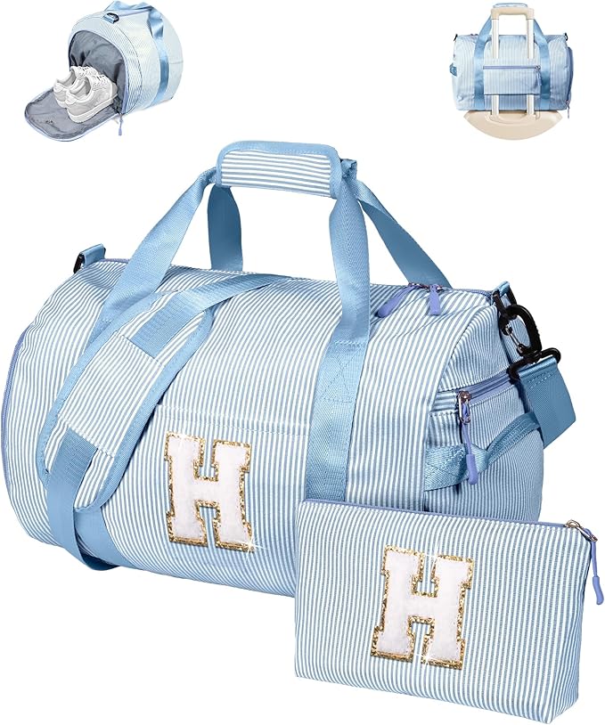 Girly Cute Stuff, Girls Travel Duffle Bag, Kids Initial Overnight Bags with Shoe Compartment, Customized Weekender Bag with Makeup Pouch, Stocking Stuffers for Toddler (Letter H)
