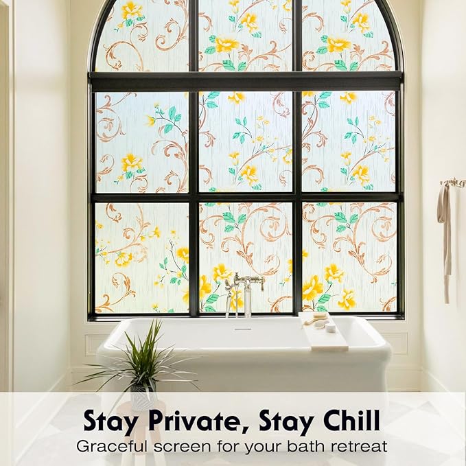 Volcanics Stained Glass Window Film, Frosted Glass Window Privacy Film, Decorative Window Clings for Glass Windows, Floral Design Static Cling Sun Blocking Windows Tint for Bathroom, 35.4 x 78.7 Inch
