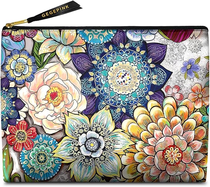 Cute Makeup Bag for Purse Waterproof Cosmetic Bags for Women Funny Smooth Zipper Travel Toiletry Pouch 10X8 Inches-Boho Floral Makeup pouch
