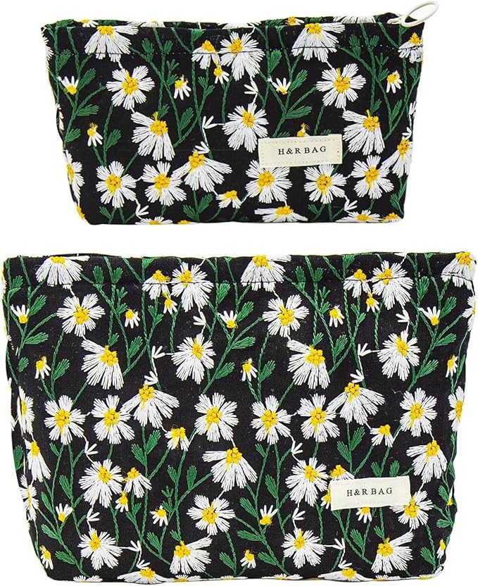 2 Pcs Makeup Bags, Large Cosmetic Bag Travel Toiletry Bag Organizer for Women, Embroidery Craft, Floral Makeup Bag Small Cosmetic Pouch Purse with Zipper Gifts for Girls Teen
