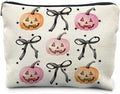 Halloween Makeup Bag - Pink and Orange Pumpkin Cosmetic Bag with Black Coquette Bow for Women